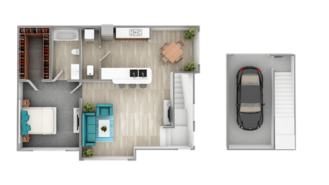 Floor plan for 1 bed, 1 bath, 734 sqft